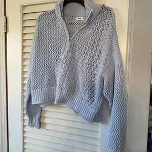 aerie Light Blue Open-Knit Half-Zip Cowl Sweater